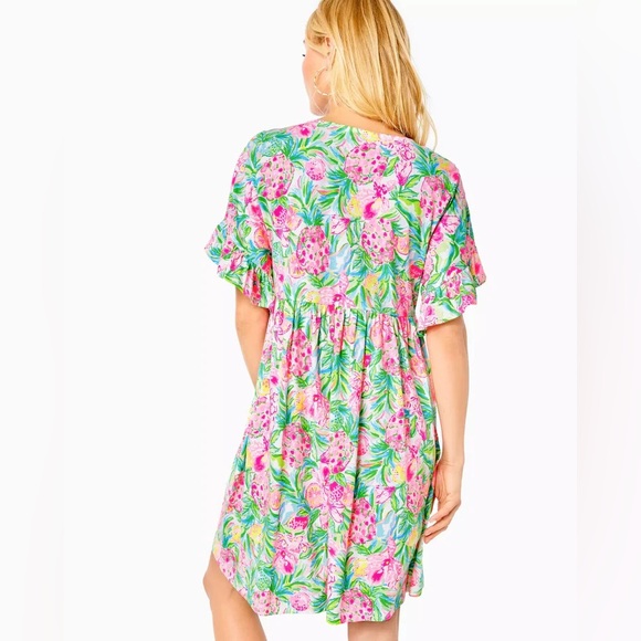 Lilly Pulitzer Tiltson Swing Midi Dress Hot Pink Green Floral Ruffles Medium - Picture 3 of 15